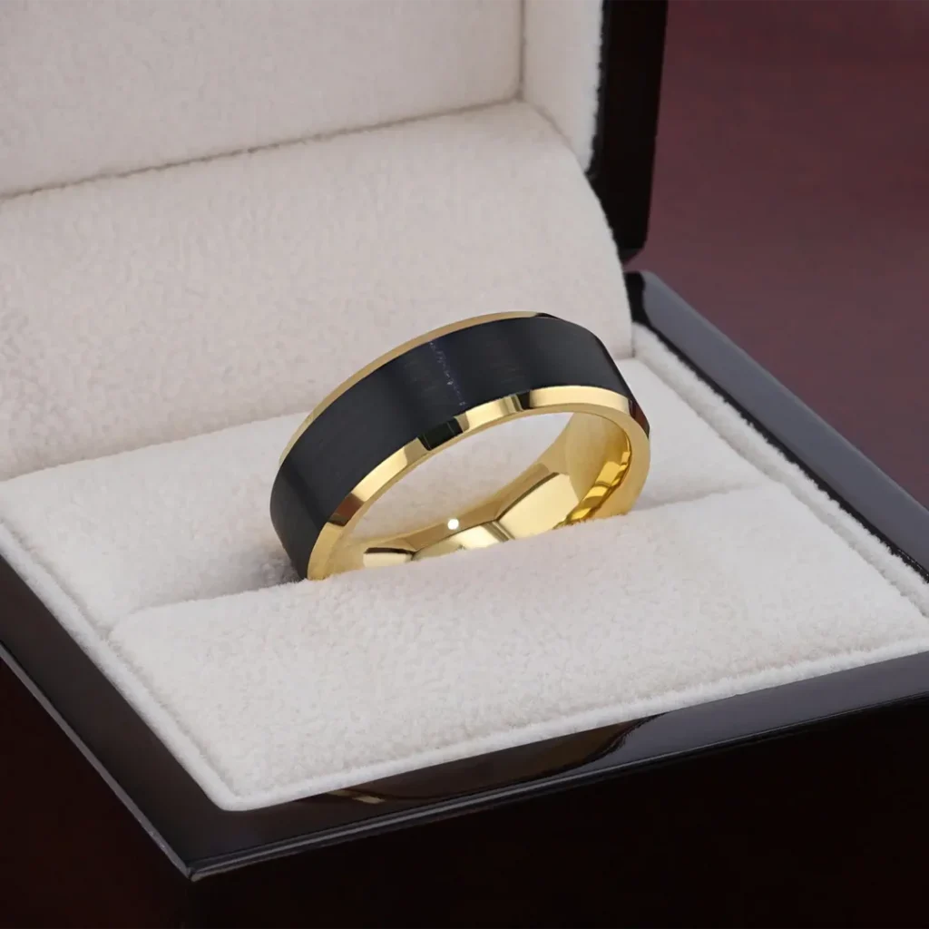 GASTON Gold-Plated Tungsten Beveled Ring with Brushed Black Center