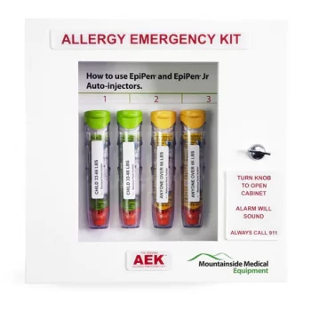 It is designed to be hung in school lunch rooms and hallways as well as any public place - as close to the point of need as possible. Allergy Emergency Kit for EpiPen and EpiPen Jr Epinephrine Cabinet.