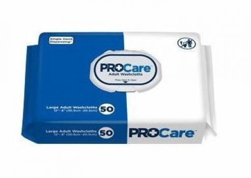 ProCare Adult Washcloth, Soft Pack. These soft and strong washcloths are made with spun-lace fabric and are clinically tested to be mild to your skin. Alcohol free, latex free, and rinse free. Sold by the pack of 50.