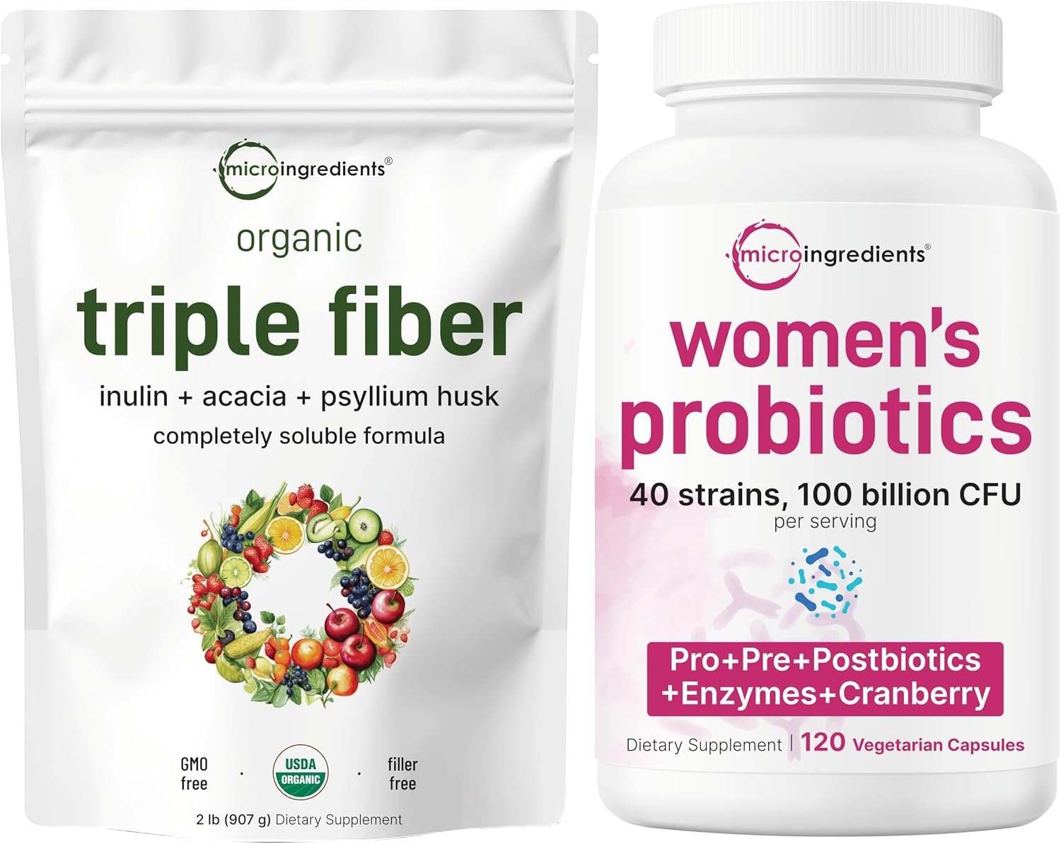 Micro Ingredients Organic Triple Fiber Powder & Women’s Probiotics 100 Billion CFU Veggie Capsules - Image 2