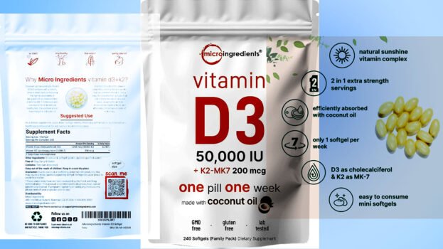 Micro Ingredients Vitamin D3 50,000 IU + K2 MK-7 200 mcg, 240 Softgels