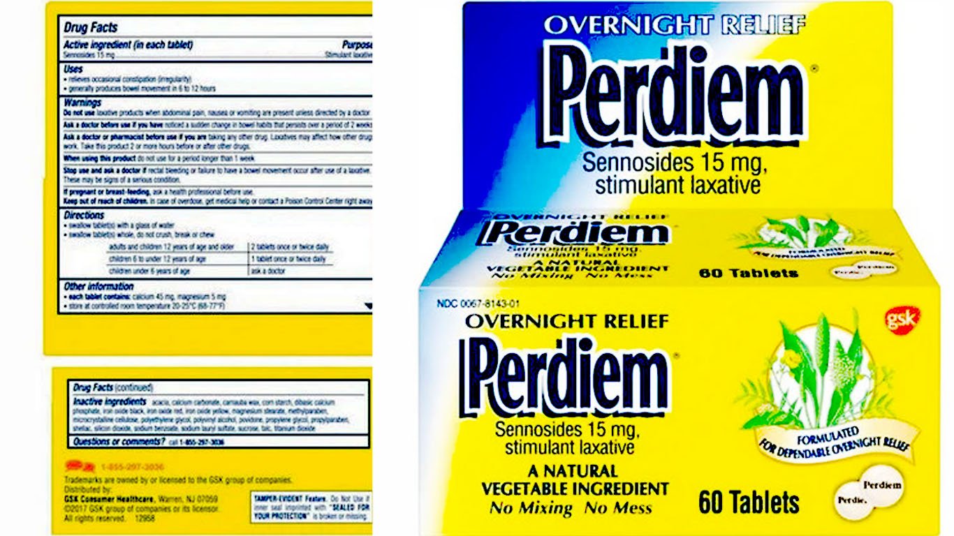Perdiem, Sennosides Stimulant Laxative Tablets Overnight Relief, 15 Mg, 60 Count
