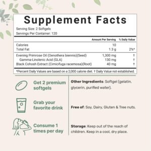 Evening Primrose Oil 1300mg Per Serving, 240 Softgels | Enhanced with 40mg Black Cohosh Extract, Cold Pressed – 10% Active GLA, Non-GMO, No Gluten, Easy to Swallow