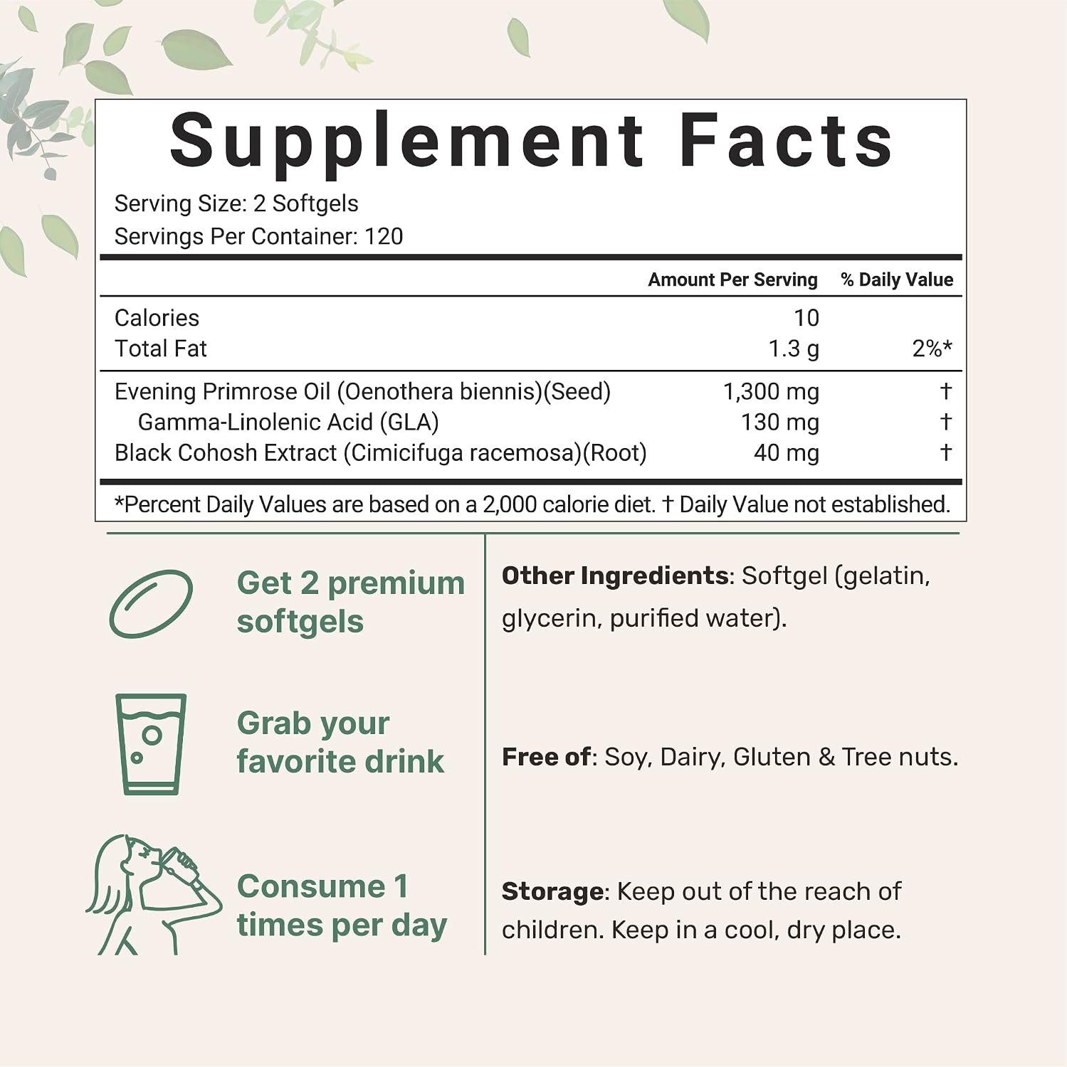 Evening Primrose Oil 1300mg Per Serving, 240 Softgels | Enhanced with 40mg Black Cohosh Extract, Cold Pressed – 10% Active GLA, Non-GMO, No Gluten, Easy to Swallow